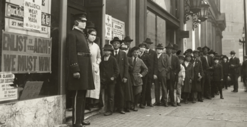 People wait in line to get flu masks to avoid the spread of Spanish influenza on Montgomery Street in San Francisco in 1918