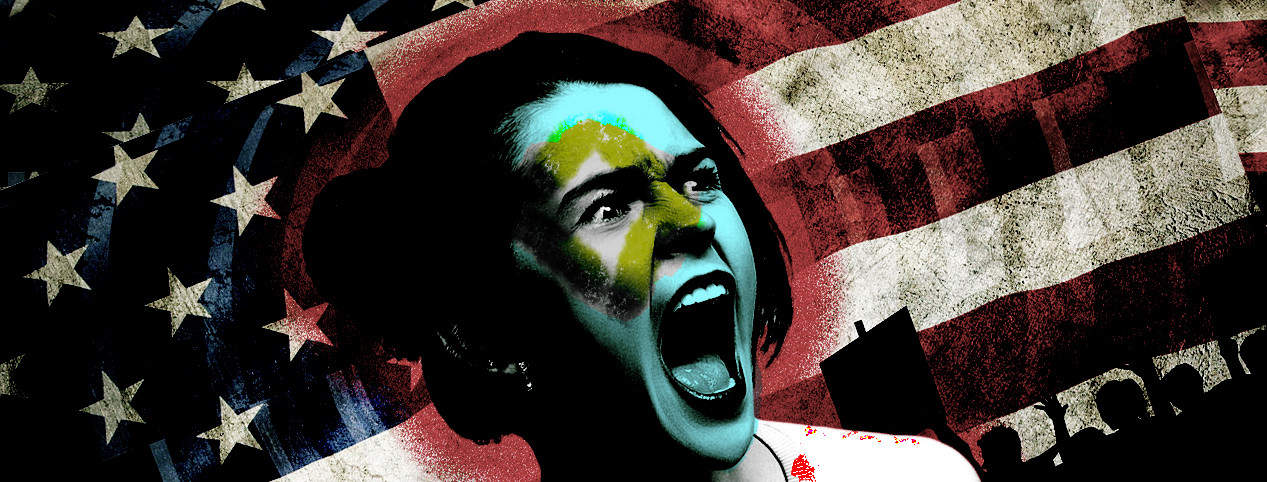 Screaming white woman in front of a US flag