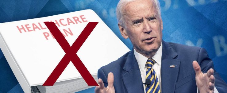 President Biden with a book with "Healthcare Plan" with a red X over it