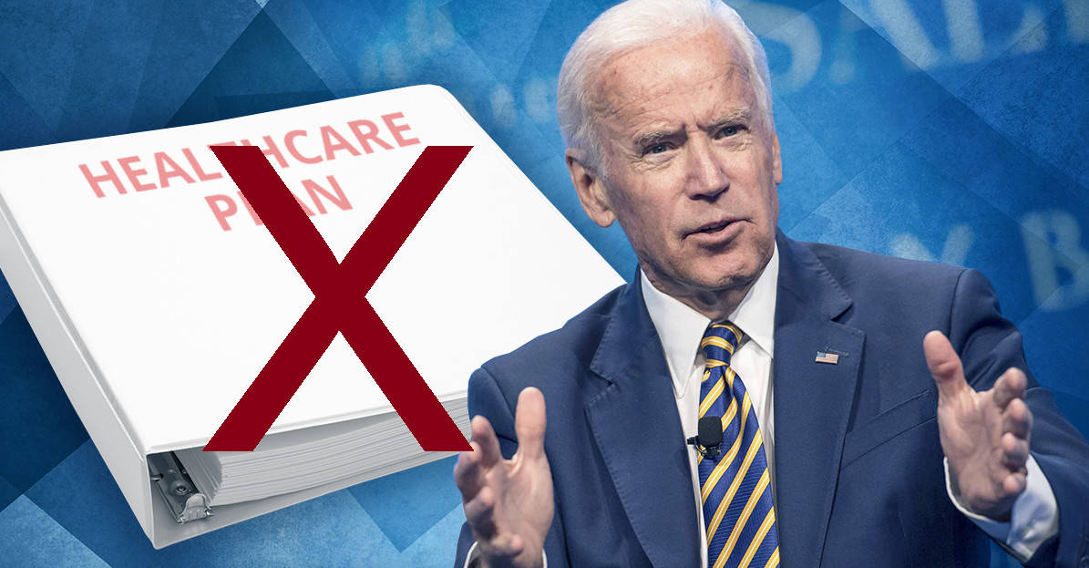President Biden with a book with "Healthcare Plan" with a red X over it