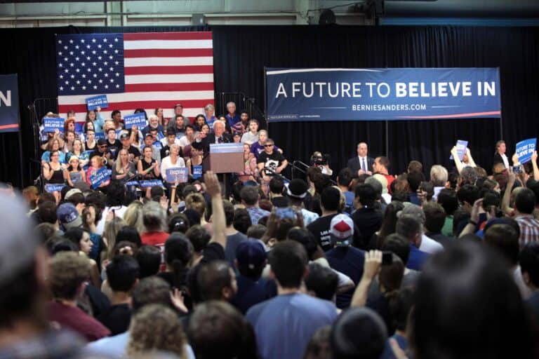 image of bernie sanders speaking at a campaign rally